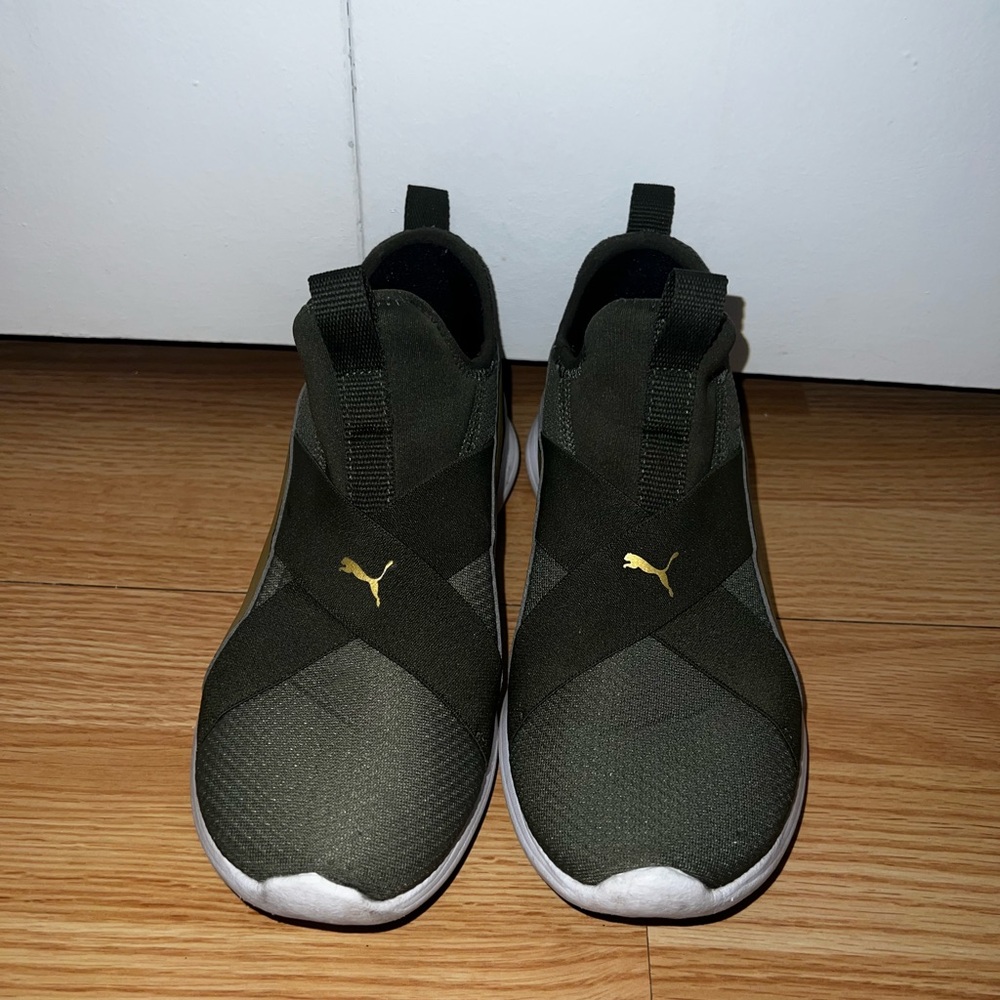 Puma Dark Green Slip-On Shoes with Gold Logo